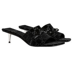 GUCCI GG Monogram Black Velvet Bow Mules Slide Sandal Black Size 37 | US 7 NEW